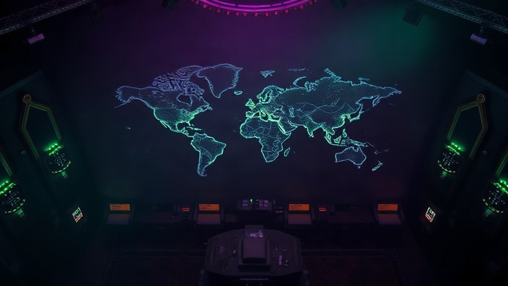 Shadow command center overlooking a glowing world map
